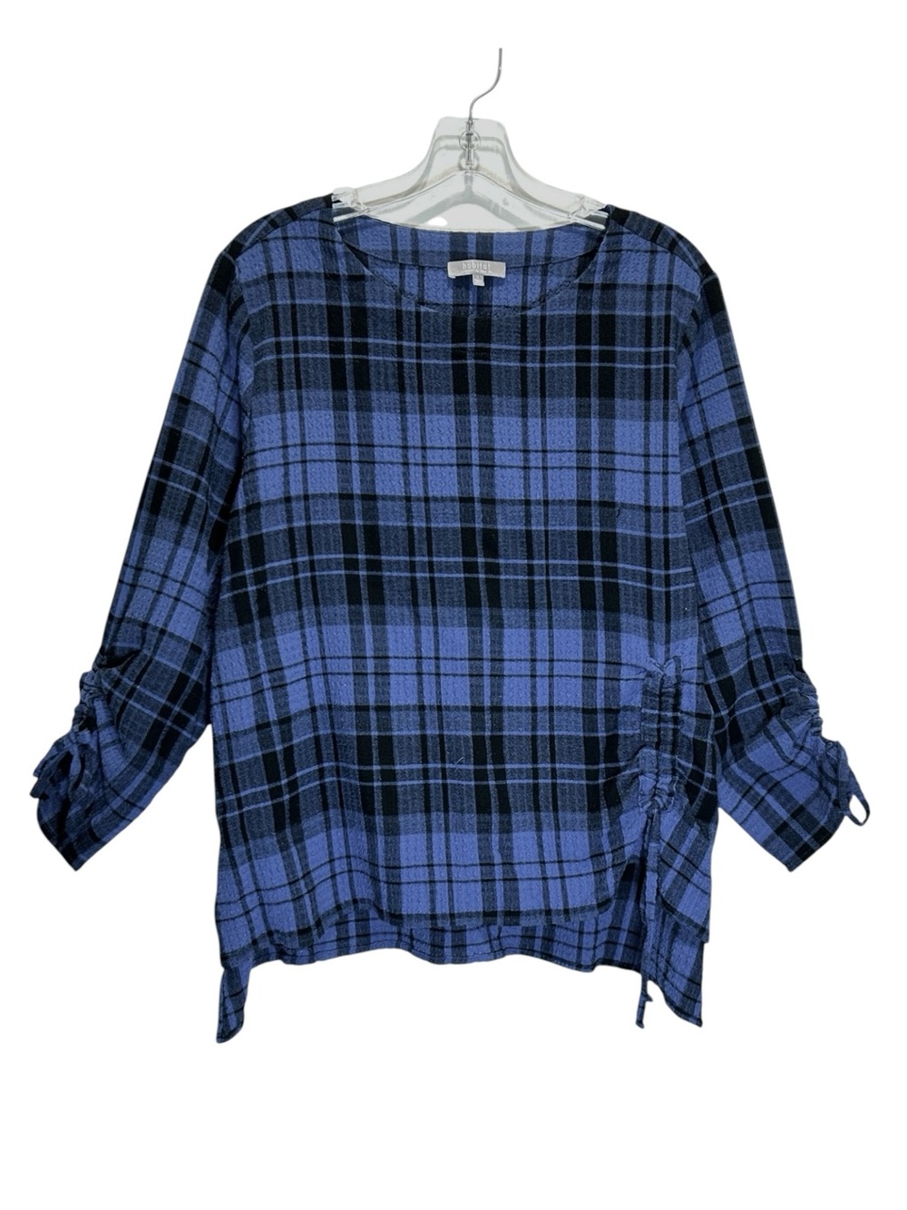 Habitat Black & Blue Plaid Crinkled Relaxed Fit Tunic w/ Ruched Details - Large